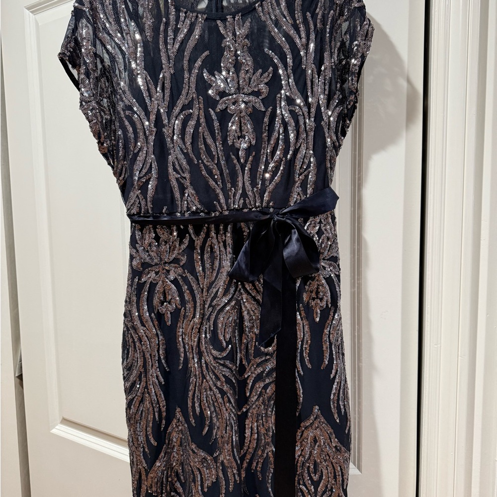 R&M Richards Navy and Silver Sequin Midi Dress